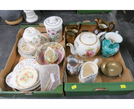 Two boxes of decorative jugs, china kettle, decorative plates, Portmeirion storage jar etc