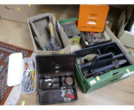 Two boxes of tools, door furniture, tins etc