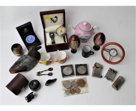 Miniature plate, pocket watch, wristwatch, coins, vintage lighter, Worcester miniature cup, telephoto lens, etc 