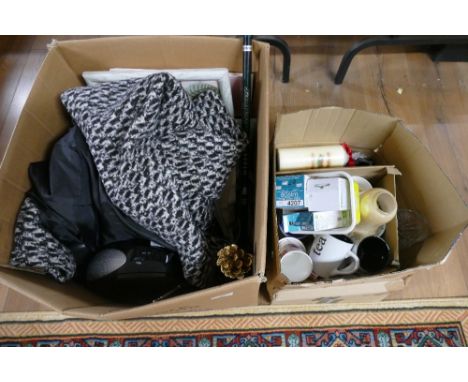 Two boxes of VHS recorder, coats, mugs, light bulbs, etc 