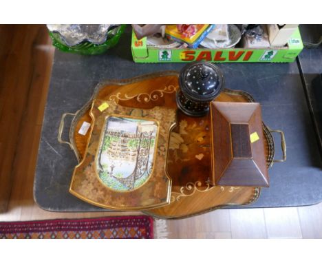 Inlaid tray, tea caddy, tobacco jar and wooden picture frame