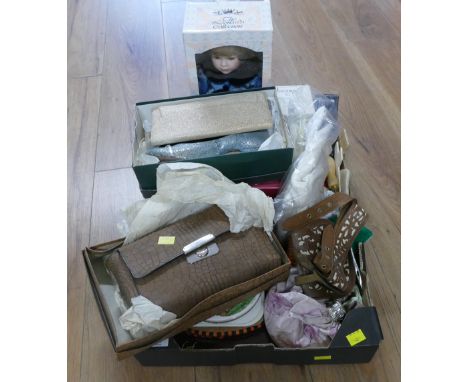 Ladies handbags, shoes, coasters, leather jewellery box, Caithness ornaments, etc