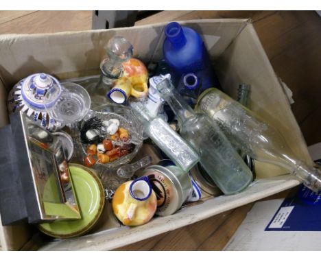 Box of glassware, china, ornaments, clock, brewery bottles etc