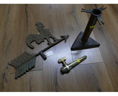 Part cockerel weathervane, brass utensil stand and Victory brass tap