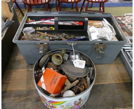 Toolbox and tin of tools, screws etc