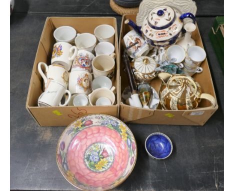 Two boxes of commemorative ware, Imari pattern teapot, gold decorated part tea set and Maling bowl