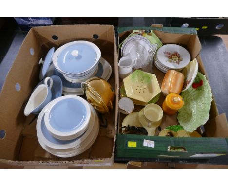 Two boxes of Wedgwood Summer Sky pattern dinnerware, horse ornaments, Carltonware leaf dishes, decorative plates, etc 