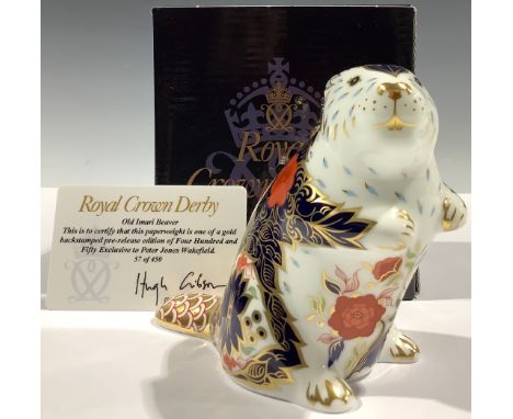 A Royal Crown Derby paperweight, Old Imari Beaver, Peter Jones of Wakefield exclusive gold backstamp pre-release, limited edi