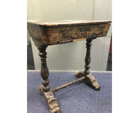 19TH CENTURY JAPANNED WORK TABLE, the lid with borders in red around a (faded) scene of figures and architectural scenery, th