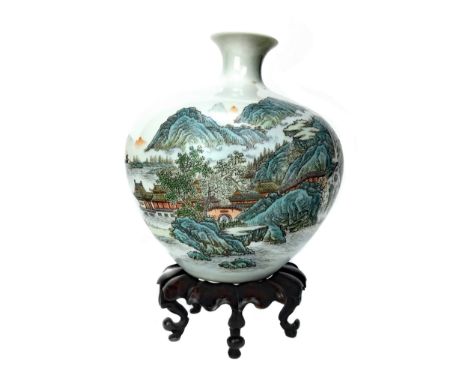 CHINESE REPUBLIC PERIOD VASE, painted with an architectural mountain landscape, boats on the river and with script, six chara