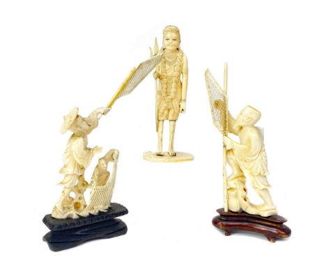 EARLY 20TH CENTURY CHINESE IVORY CARVING, modelled as a fisherman, and another similar, each 16.5cm high, along with an ivory