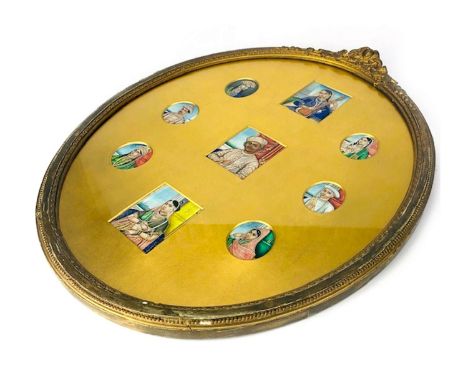 GROUP OF INDIAN PAINTED PORTRAIT MINIATURES, comprising nine painted portraits of individual male and female figures, mounted