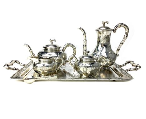 CHINESE SILVER TEA AND COFFEE SERVICE, maker Zeewo, comprising a tea pot, coffee pot, sugar bowl with tongs and cream jug, al