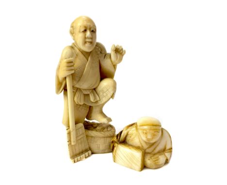 EARLY 20TH CENTURY JAPANESE IVORY CARVING, modelled as a man with brush, 8cm high, along with a Japanese ivory netsuke, 2.5cm