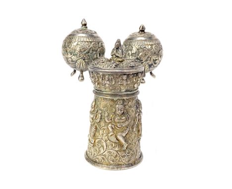 INDIAN WHITE METAL PEPPER GRINDER, cast in relief with dancing figures, 10cm high, along with a pair of Indian white metal sp
