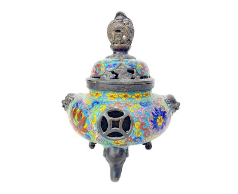 20TH CENTURY POLYCHROME CLOISONNE CENSER, the pierced lid with a dragon decorated finial, decorated all over with scrolling f
