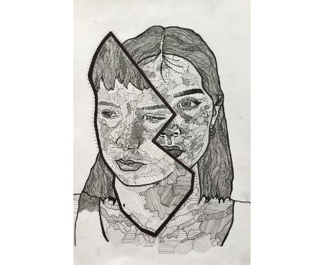 Rosy Brown - Sibling Portrait in two pieces, pen and ink on paper, mixed media, unframed w 290 x h 290mm framed