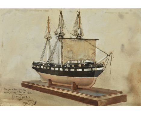 λMontague Dawson (British 1890-1973) Model of an East Indiaman, probably Mellish 1819 Watercolour Signed, inscribed and dated