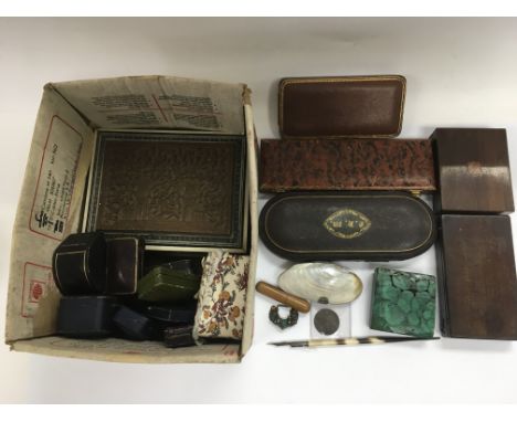 A collection of jewellery boxes, shell purse, quill pen, watch box and other items.