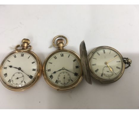 Two gold plated button wind pocket watches and a silver case hunter pocket watch