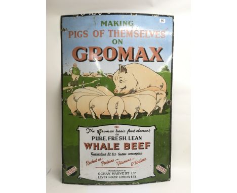 A large enamel sign making pigs of themselves on Cromax 76 cm by 116 cm
