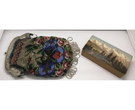 A late Victorian beadwork purse in white metal frame and a continental painted wood trinket box