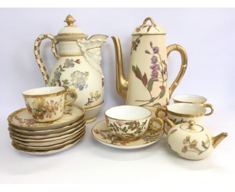 A lidded Royal Worcester coffee pot, a Royal Worcester lidded jug and various Worcester cups and saucers.