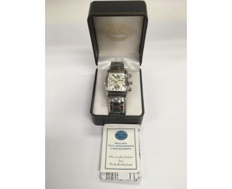 A boxed chronograph wristwatch commemorating the 70th anniversary of the Mallard steam train.