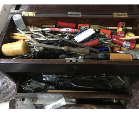 A six drawer watch makers took cabinet including various tools for milling lathes, screw drivers, tap and dies keys etc