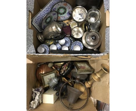 A collection of silver plate, mixed metalware and odds including an AA badge and enamel wares
