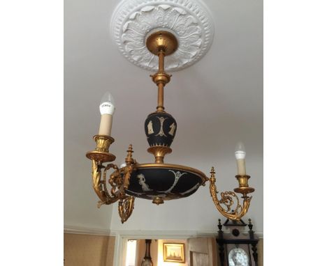 A Wedgwood Black jasper light fitting with three gilt metal branches of classical style( 66 cm approx ceiling rose to base )