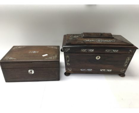 An early Victorian rosewood mother of pearl inlaid tea caddy together with a mother of pearl inlaid ladies work box.