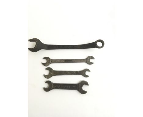 A Blue foldout toolbox containing various manufacturer branded spanners and tools such as Fiat, Bedford and BSA. Some prewar 