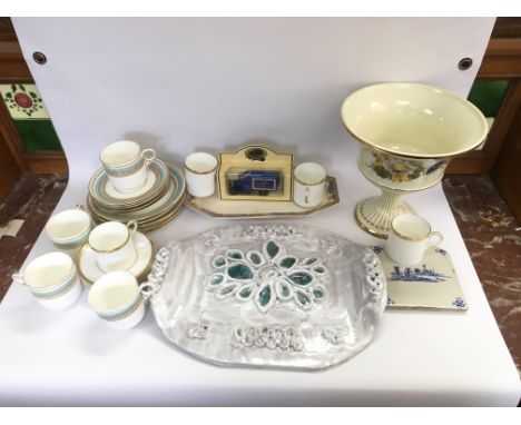 A collection of pottery and ceramics to include a Delft tile, Royal Worcester and cups and saucers and a Portugese display va