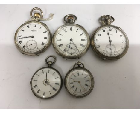 A collection of five silver pocket watches three button wind and two key wind
