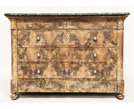 COMMODE, 19th century French Louis Philipe faded mahogany with five long drawers and St Annes marble top, 130cm W x 59cm D x 