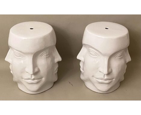 SURREALIST BARREL STOOLS, a pair, glazed ceramic 44cm x 38cm x 38cm. 