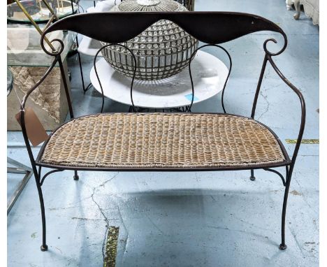 BENCH, 100cm W approx, wrought metal work design, rattan seat. 