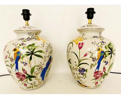 TABLE LAMPS, a pair, glazed ceramic with printed design 46cm x 27cm x 27cm. 