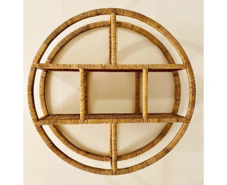 WALL DISPLAY SHELF, 79cm diam x 19cm D, 1970s Italian style, rattan frame. 