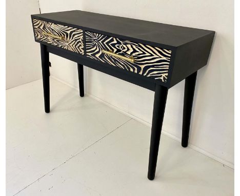 CONSOLE TABLE, 76cm H x 111cm W x 44cm D, ebonized with zebra print accents to drawers. 