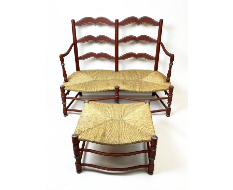 HALL BENCH AND STOOL, French provincial painted with rush seats, bench 115cm x 93cm H x 58cm, stool 59cm x 36cm H x 51cm. (2)