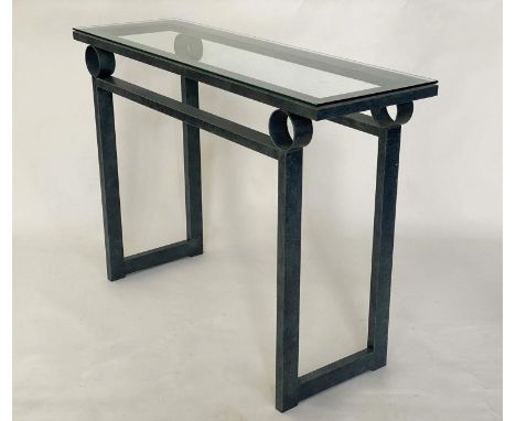 CONSOLE TABLE, modernist rectangular glazed with pierced wrought iron support, 110cm W x 35cm D x 77cm H. 