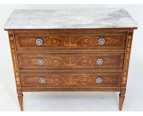 NORTH ITALIAN STYLE COMMODE, walnut, kingwood and satinwood marquetry with three long drawers and variegated marble top, 101c