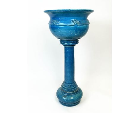 JARDINIERE ON STAND, Victorian style turquoise glazed ceramic, 102cm H. 