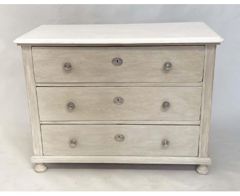 COMMODE, 19th century French traditionally grey painted with three long drawers and white moulded top, 127cm x 96cm x 61cm D.