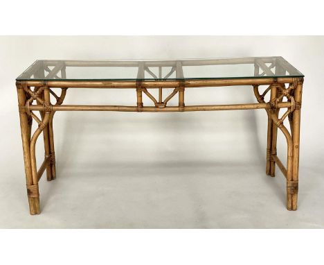 CONSOLE TABLE, rattan, bamboo and cane bound with rectangular glazed top, 137cm x 46cm x 73cm H. 