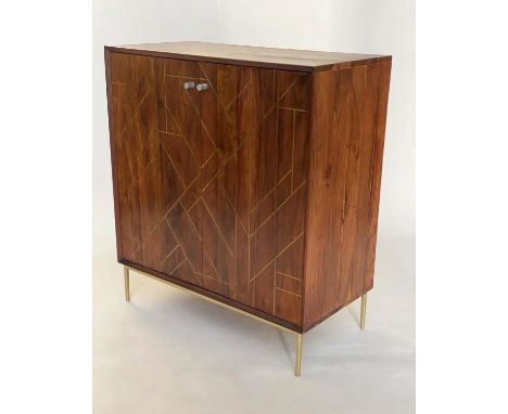 SIDE CABINET, 1970s style eucalyptus and brass inlaid with two doors, shelf and slender supports, 81cm W x 41cm D x 90cm H. 