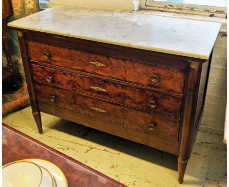 COMMODE, 112cm W x 92cm H x 49cm D Empire burr walnut with a rectangular marble top above three long drawers. 