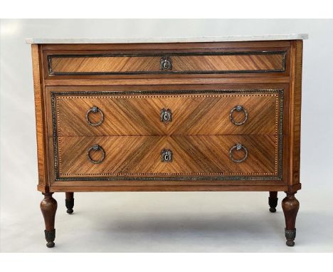COMMODE, 18th century style Italian kingwood crossbanded and silvered metal mounted with marble top and three long drawers, 1